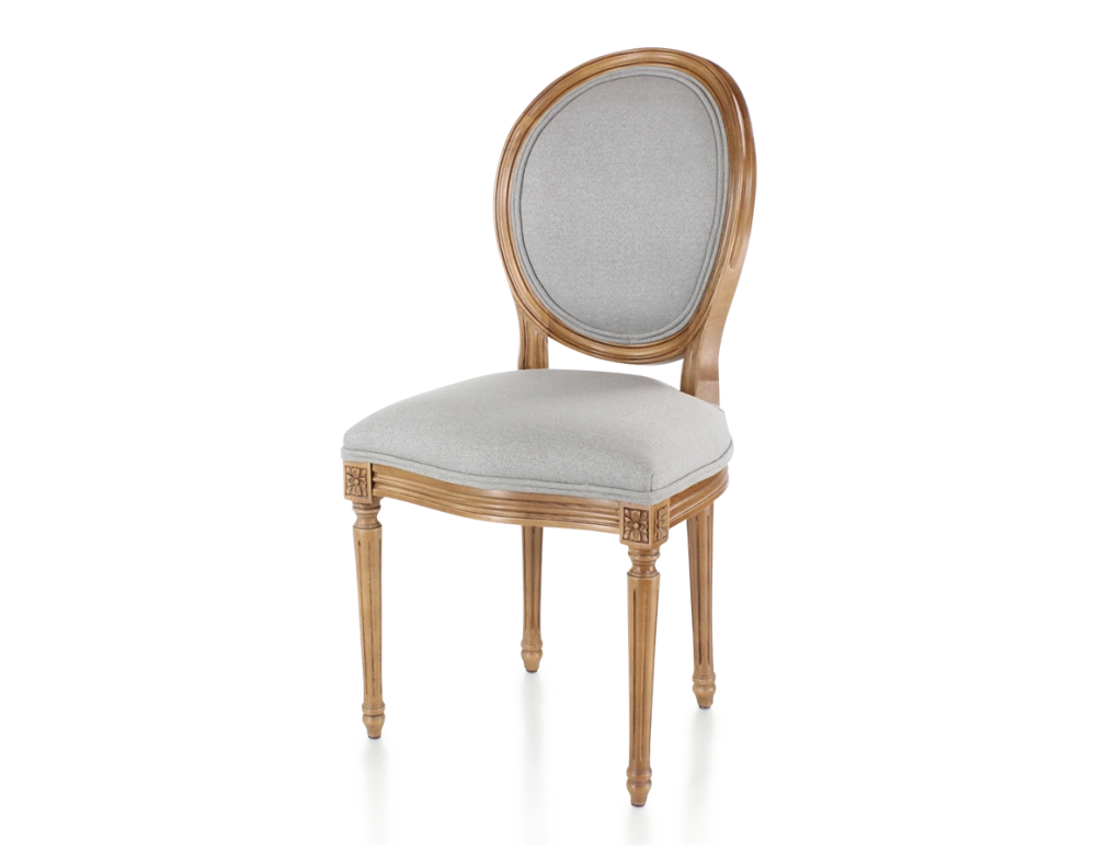 Antique Louis XVI style chair wood stained in an antique style and light grey fabric