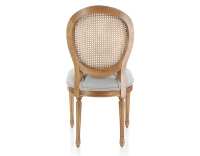 Antique Louis XVI style chair wood stained old caned back light grey fabric seat