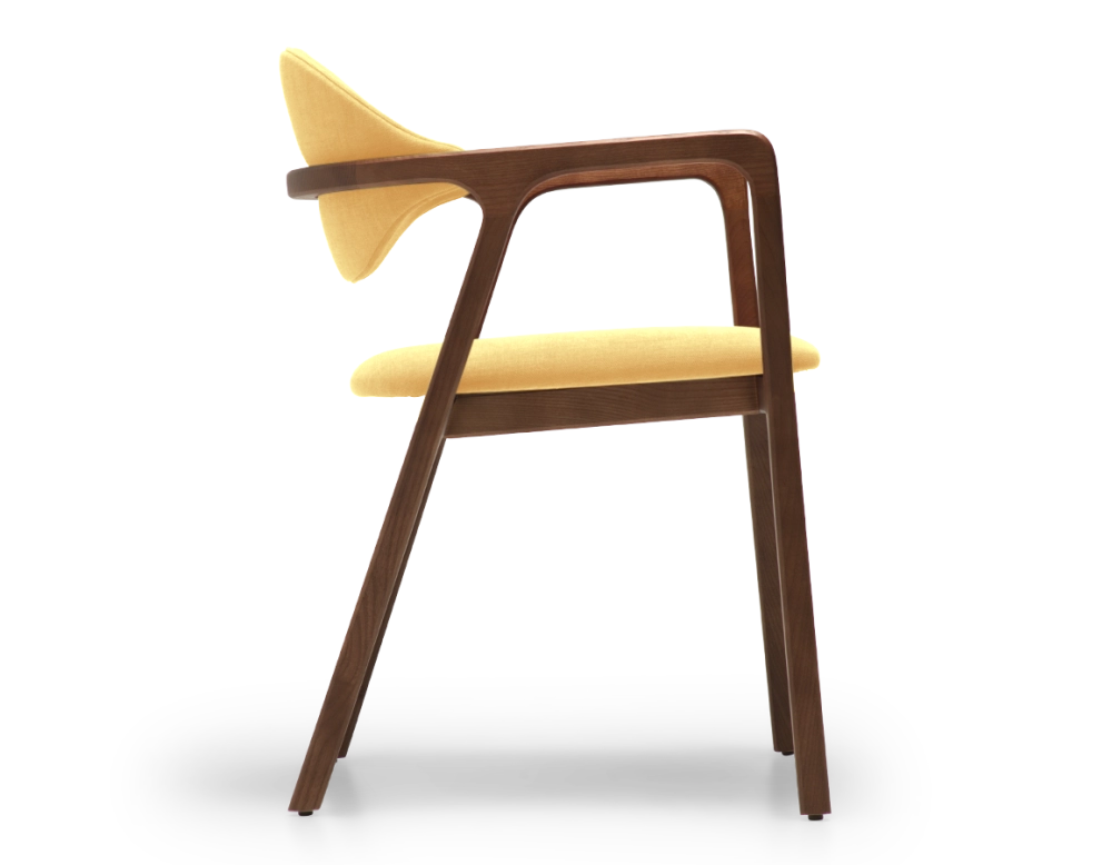 Chaise design avec accoudoirs bois teinte marron foncé et tissu jaune