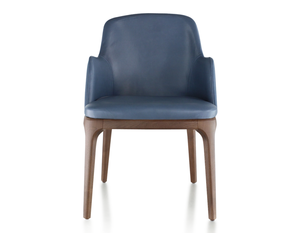 Chaise design avec accoudoirs bois teinte marron foncé et cuir bleu orage