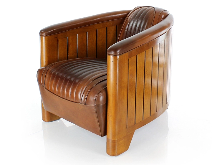 Club armchair in wood and leather vintage brown