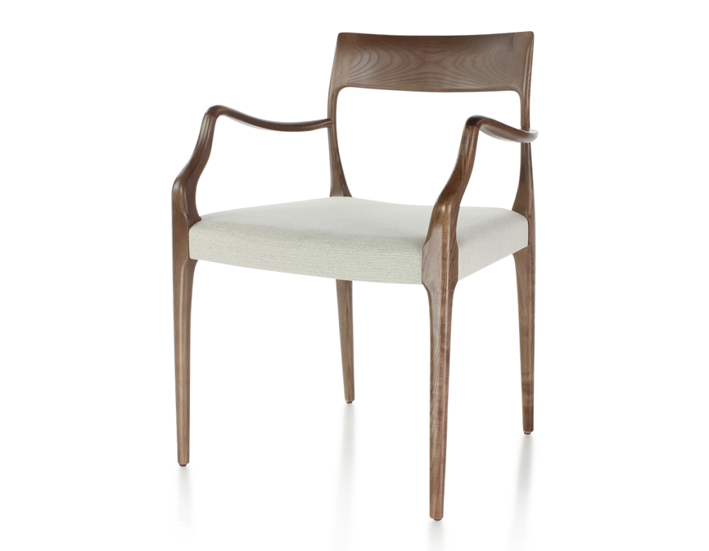 Chaise scandinave avec accoudoirs bois teinte marron foncé assise tissu beige naturel