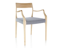 Chaise scandinave avec accoudoirs bois teinte naturelle assise tissu chevron bleu