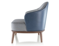 Fauteuil design cuir bleu orage et tissu pied-de-poule bleu et blanc
