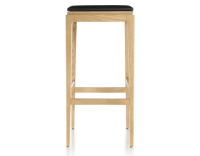 H80 cm designer bar stool natural tint wood, ebony leather seat
