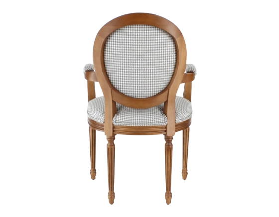 Fauteuil ancien style Louis XVI bois teinte ancienne et tissu pied de poule blanc et taupe