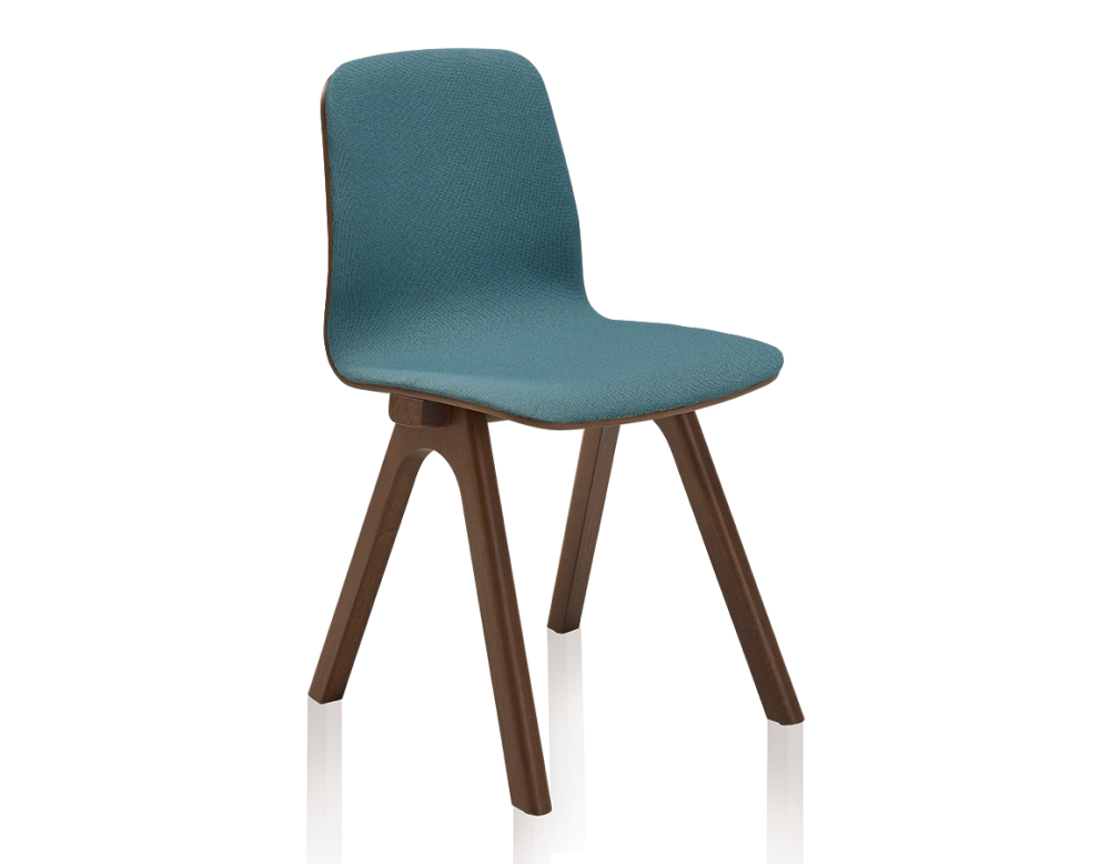 Chaise design en chêne tapissé bois teinte marron foncé assise tissu bleu océan