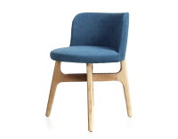 Chaise design bois teinte naturelle assise tissu bleu jean