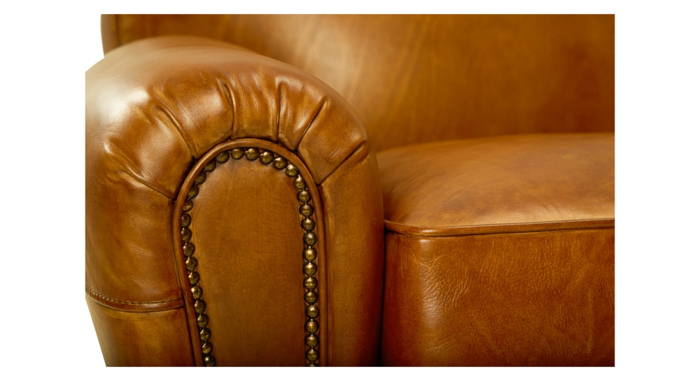 2 seater leather club sofa cognac studded armrests