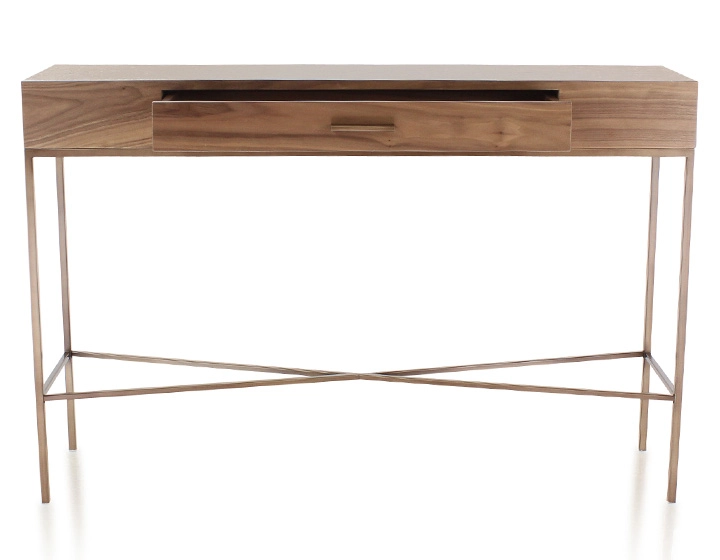 Console design noyer teinte naturelle et métal patine laiton 100 cm