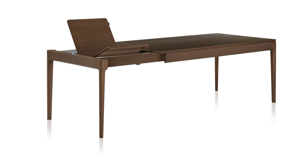 Extendable table for 8 to 14 people in oak with dark brown stained wood top and extensions 210x100 cm