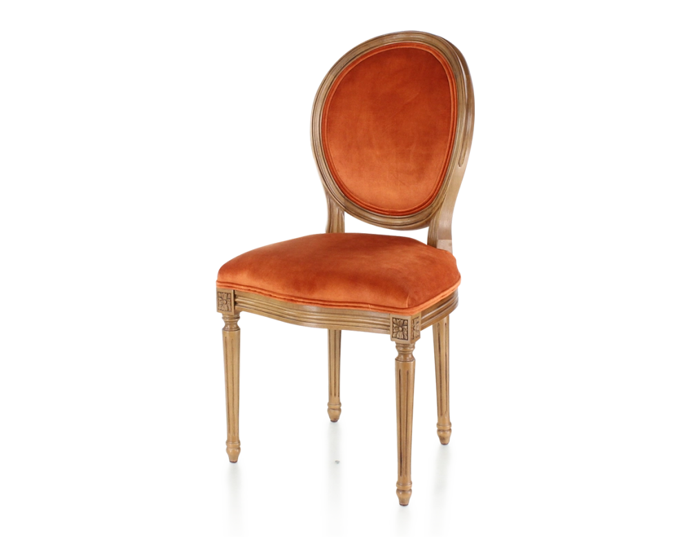 Antique Louis XVI style chair wood in antique stain and terracotta velvet fabric