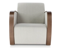 Designer armchair dark brown stained wood and natural beige fabric