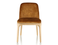 Chaise design bois teinte naturelle et tissu velours bronze