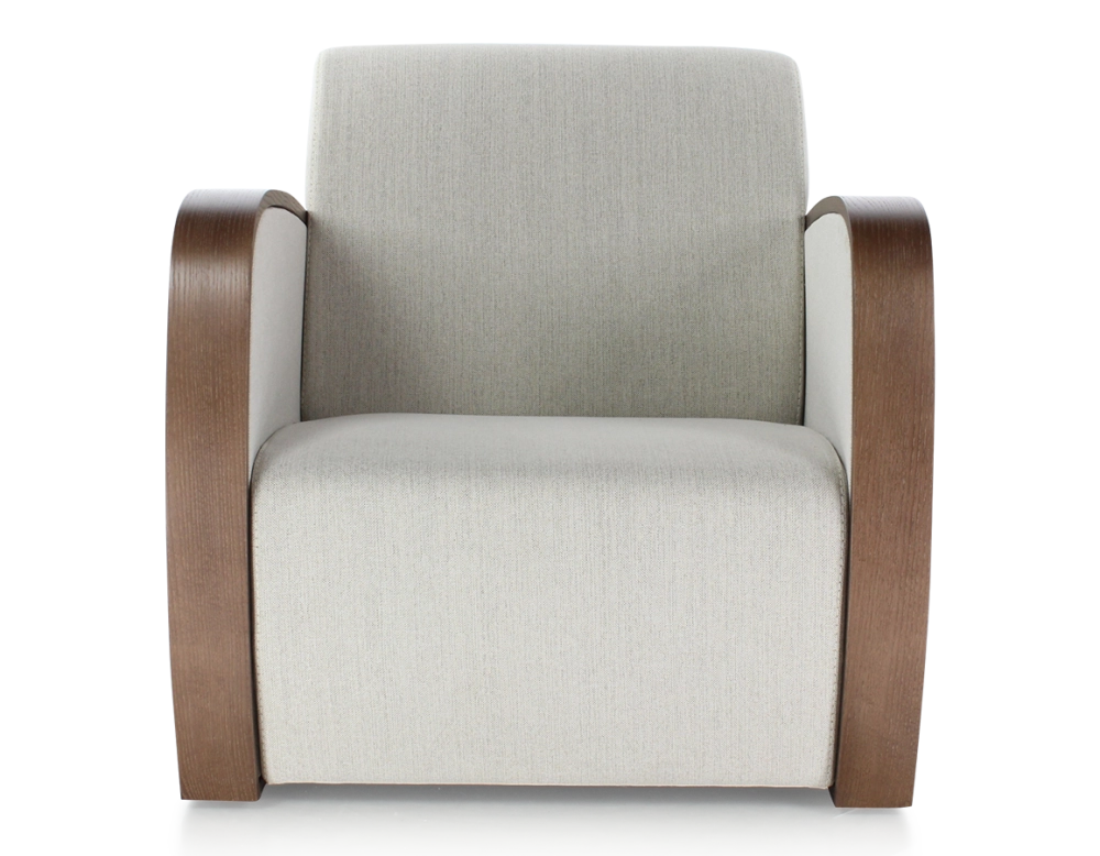 Designer armchair dark brown stained wood and natural beige fabric
