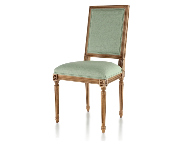 Silla antigua estilo Luis XVI madera con tinte envejecido y tejido verde salvia
