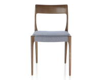 Chaise scandinave bois teinte marron foncé assise tissu chevron bleu