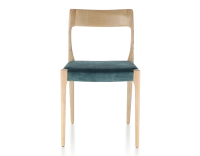 Chaise scandinave bois teinte naturelle assise tissu velours bleu pétrole