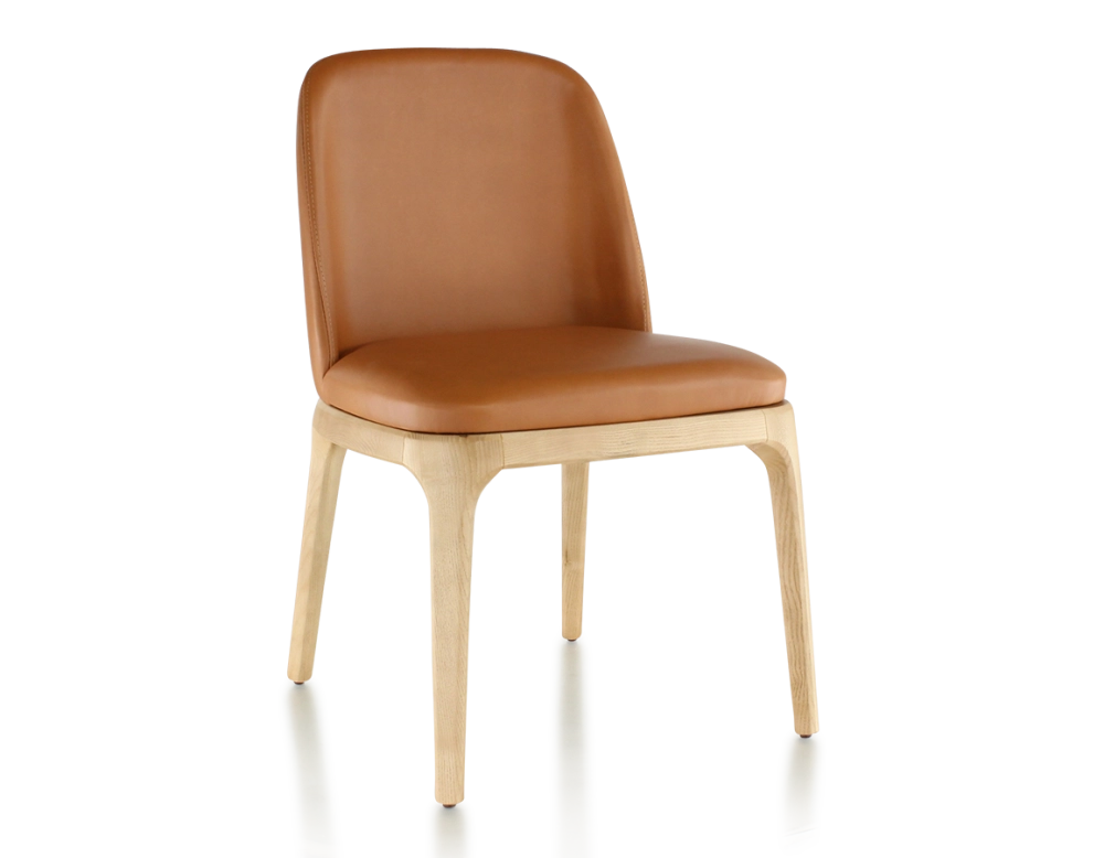 Designer chair natural stained wood and caramel leather