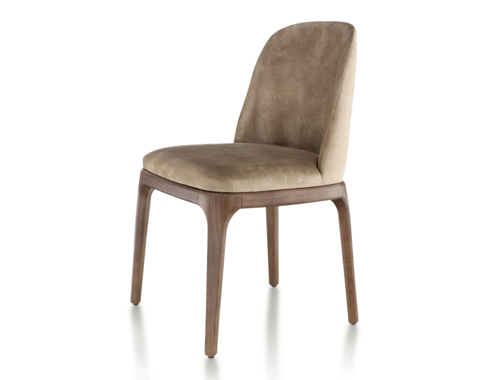 Chaise design bois teinte marron foncé et tissu velours taupe clair