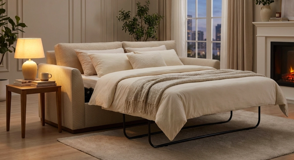 3-seater convertible sofa beige mottled fabrics