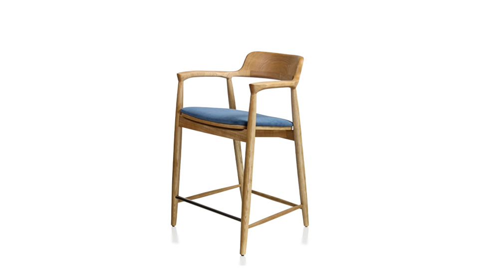 Taburete de bar h60 cm madera tinte natural asiento tejido azul vaquero