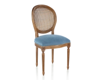Silla antigua estilo Luis XVI madera tinte envejecido respaldo de rejilla asiento tejido azul vaquero