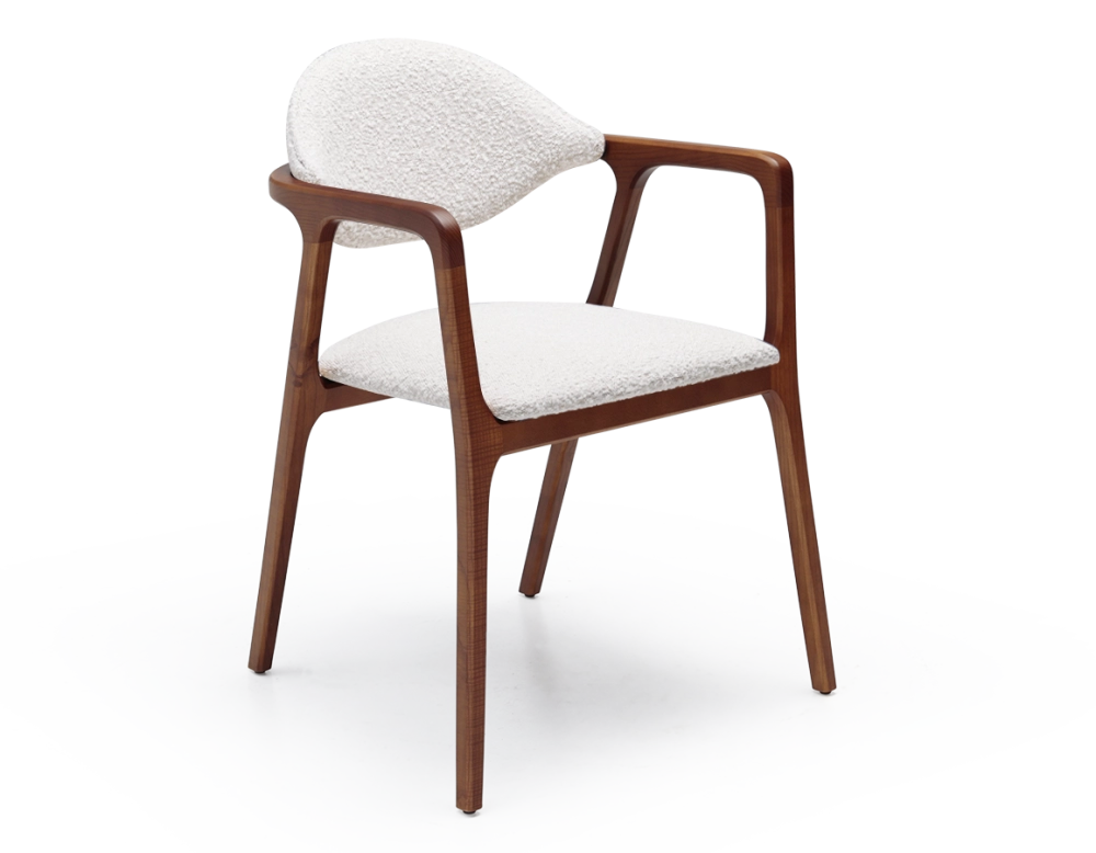 Chaise design avec accoudoirs bois teinte merisier et tissu bouclé blanc