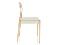 Scandinavian chair natural stained wood, beige chevron fabric seat