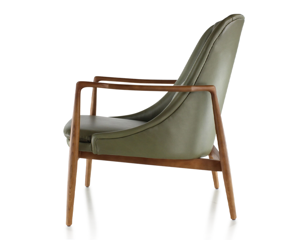 Scandinavian armchair bois teinte merisier et cuir vert kaki