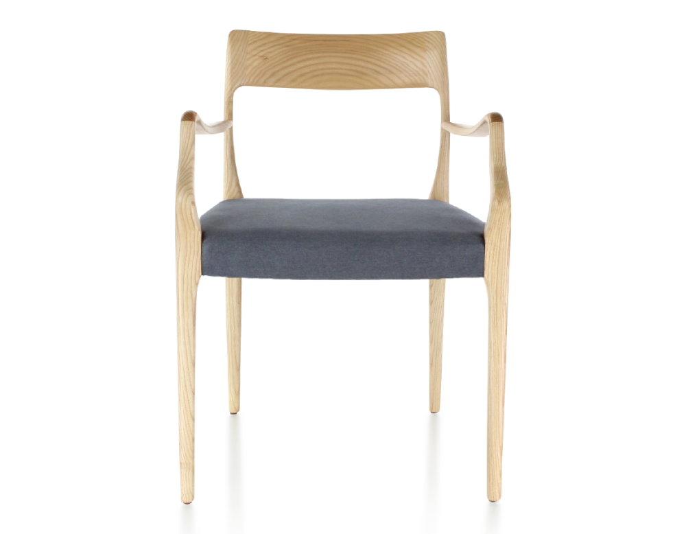 Scandinavian armchair with armrests natural tint wood, grey fabric seat