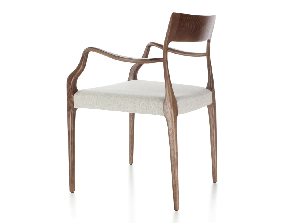 Chaise scandinave avec accoudoirs bois teinte marron foncé assise tissu beige naturel