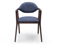 Chaise design avec accoudoirs bois teinte marron foncé et tissu bleu océan