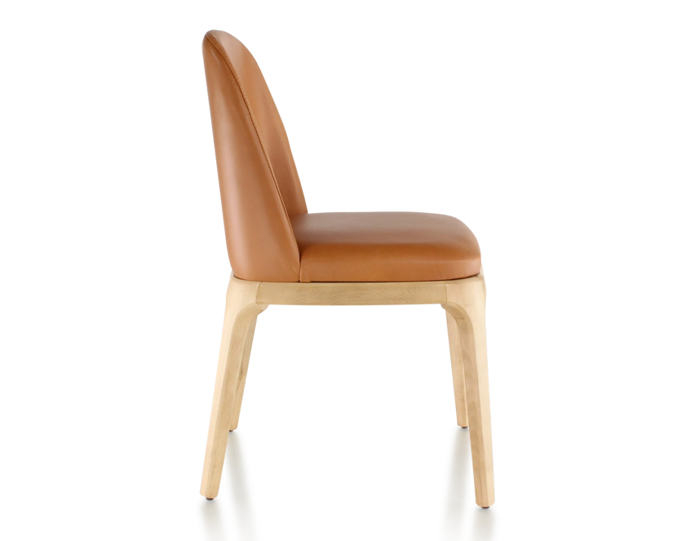 Designer chair natural stained wood and caramel leather