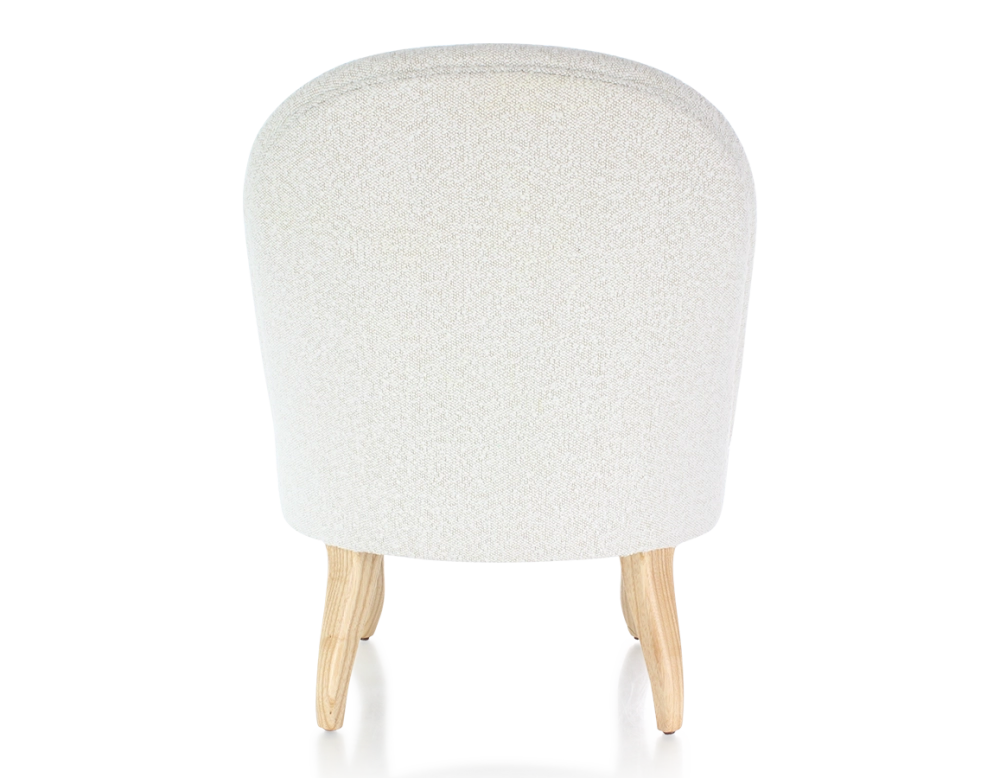 Fauteuil crapaud sans accoudoirs pieds bois teinte naturelle et tissu bouclé blanc
