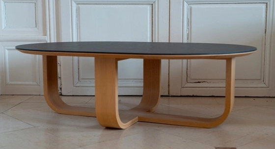 Mesa de centro redonda de roble y cerámica con madera tintada marrón oscuro tablero cerámico efecto mármol blanco 100x100 cm