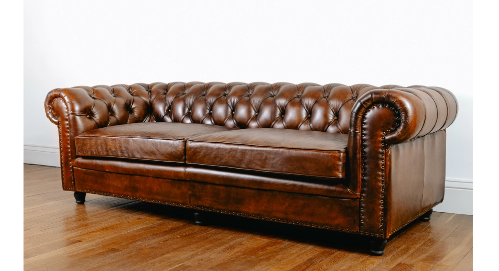 Sofá Chesterfield de piel de 3 plazas marrón vintage reposabrazos con tachuelas