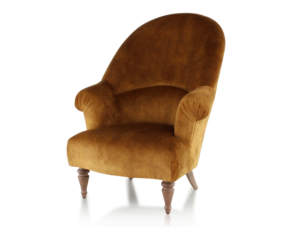 Fauteuil crapaud avec accoudoirs pieds bois teinte noyer et tissu velours bronze haut dossier