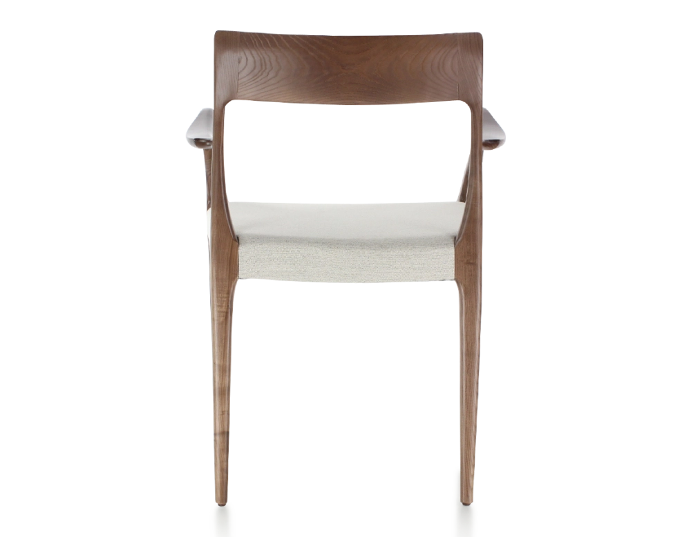 Chaise scandinave avec accoudoirs bois teinte marron foncé assise tissu beige naturel