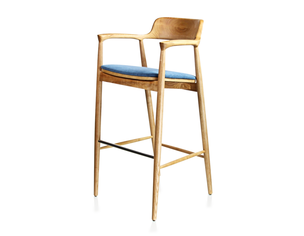 Taburete de bar h80 cm madera tinte natural asiento tejido azul vaquero