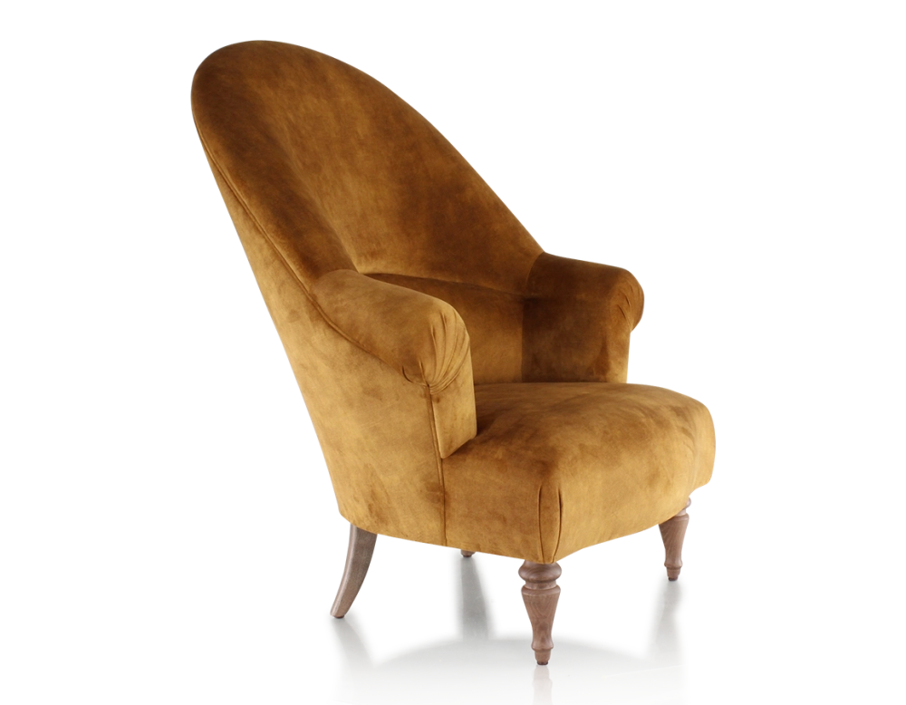 Fauteuil crapaud avec accoudoirs pieds bois teinte noyer et tissu velours bronze haut dossier