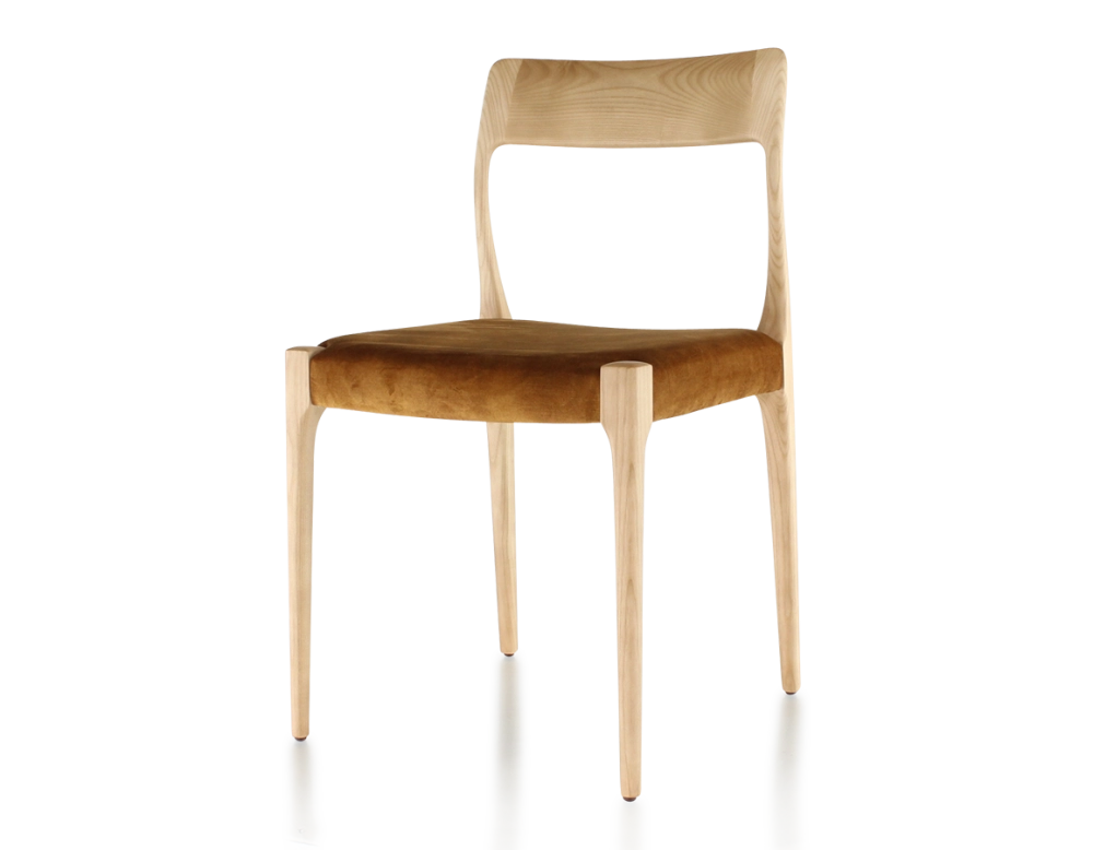 Scandinavian chair natural stained wood, bronze velvet fabric seat
