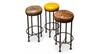 Taburete de bar vintage de piel jaune, marron soutenu et vert olive