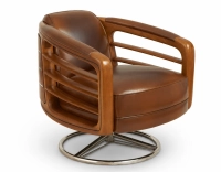 Fauteuil club pivotant bois et cuir marron vintage