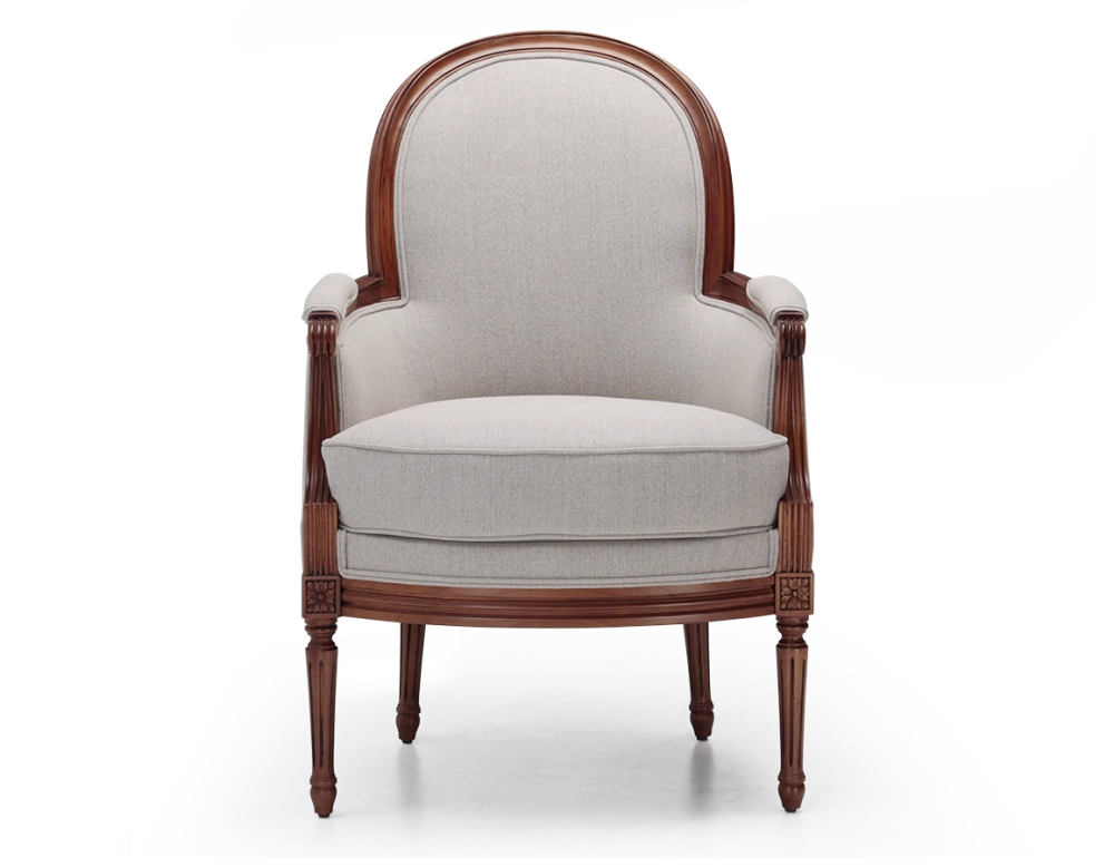 Fauteuil bergère mouluré style Louis XVI bois teinte ancienne et tissu beige naturel