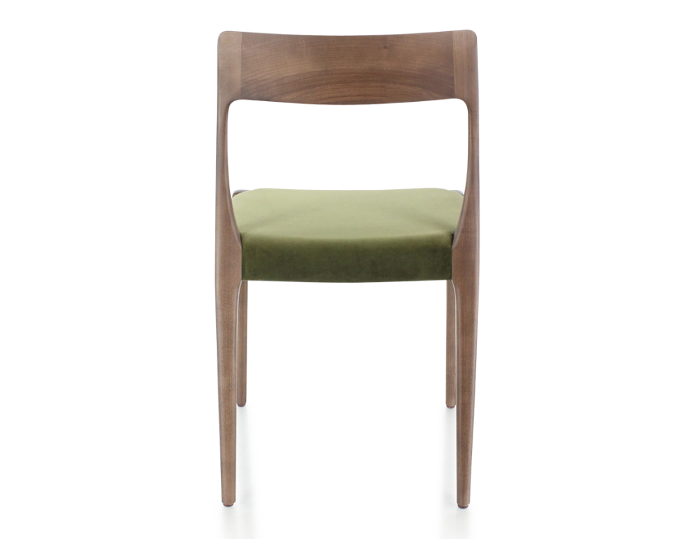 Chaise scandinave bois teinte marron foncé assise tissu vert olive
