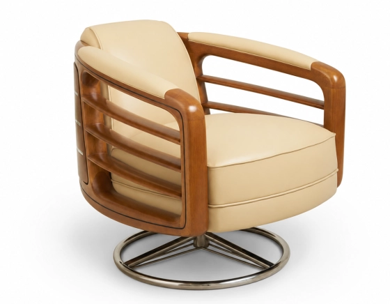 Club armchair in wood and leather beige