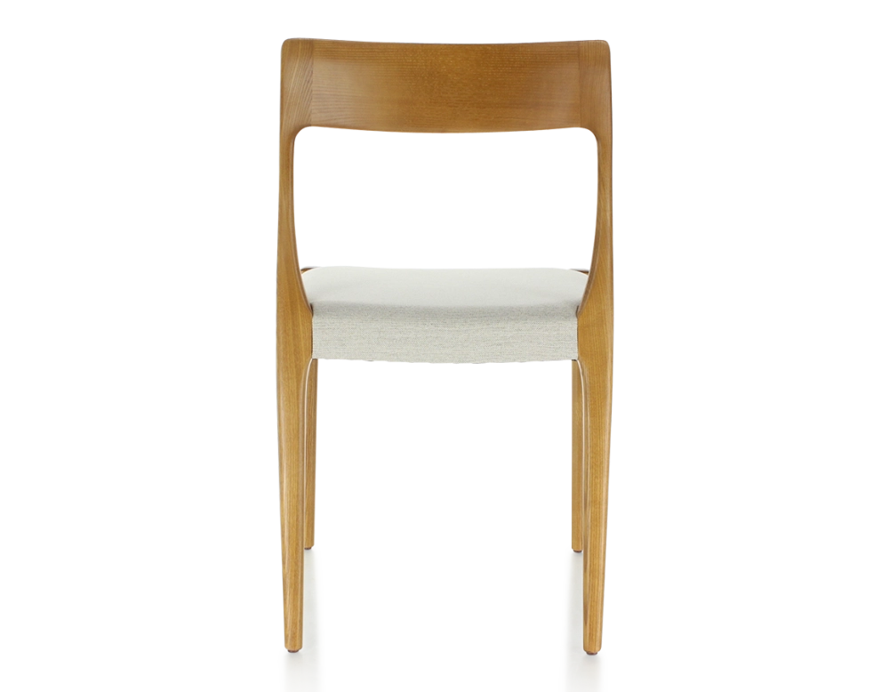 Chaise scandinave bois teinte merisier assise tissu beige naturel