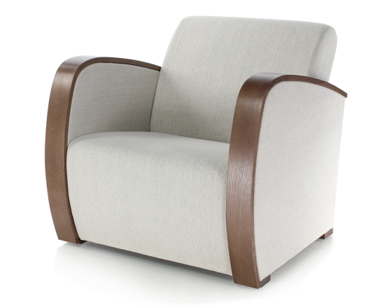 Designer armchair dark brown stained wood and natural beige fabric