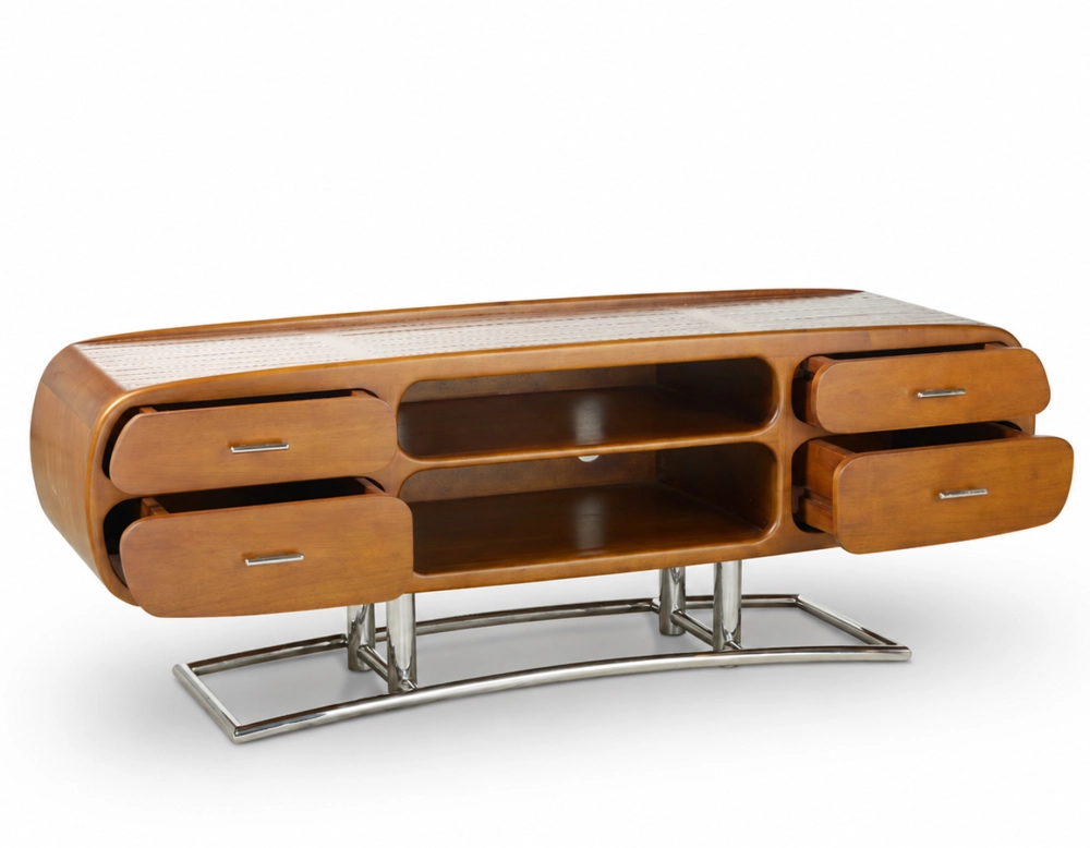 Meuble TV art déco métal et bois teinte merisier